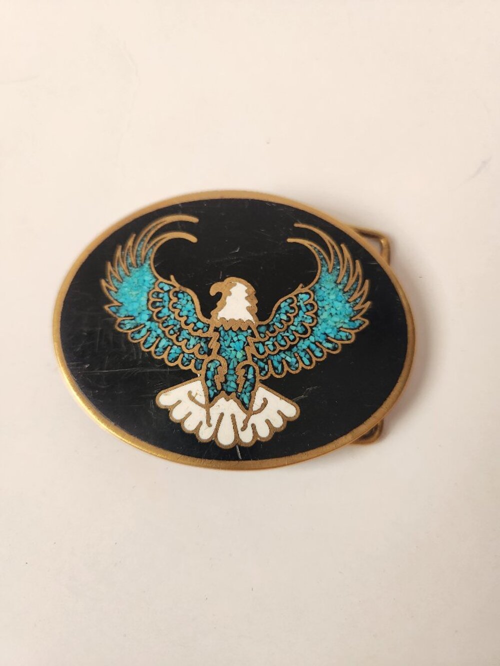 Vintage 70s Wester Eagle Turquoise Brass Belt Buckle